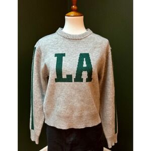 NWT Arden B. LA Graphic Gray Crew Neck Striped Sleeve Sweater Pullover Women's S